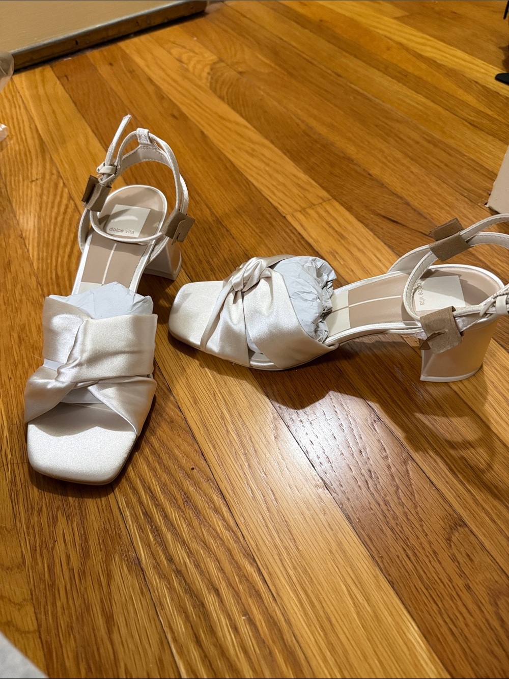 Dolce Vita Ivory Satin Knot Block Heel Sandals